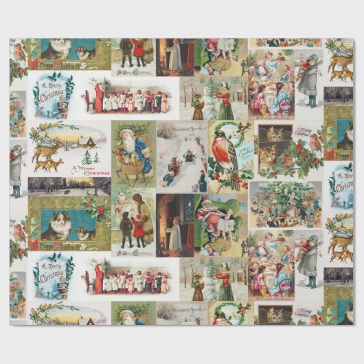 Vintage Kerstmis Antiek Collage Cadeaupapier (Vlak)