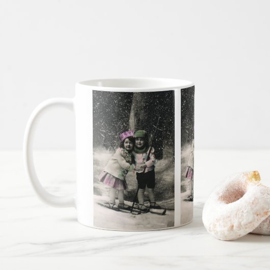 Vintage Kerstmis, beste vrienden op Skis Koffiemok (Met donut)