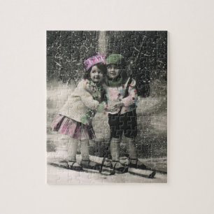 Vintage Kerstmis, beste vrienden op Skis Legpuzzel