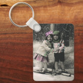 Vintage Kerstmis, beste vrienden op Skis Sleutelhanger (Voorkant)