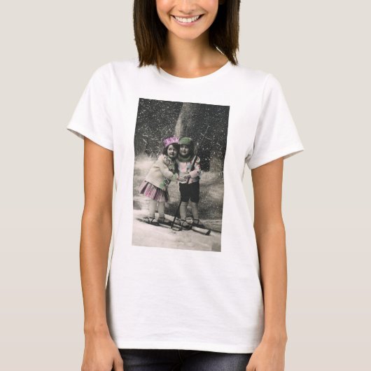 Vintage Kerstmis, beste vrienden op Skis T-shirt (Voorkant)
