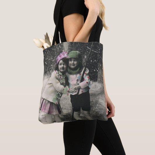Vintage Kerstmis, beste vrienden op Skis Tote Bag (Dichtbij)