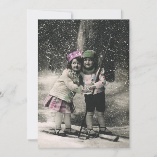 Vintage Kerstmis, beste vrienden op ski's uitnodig Kaart (Voorkant)