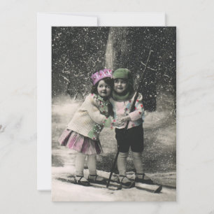 Vintage Kerstmis, beste vrienden op ski's uitnodig Kaart