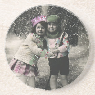 Vintage Kerstmis, beste vrienden op Skis Zandsteen Onderzetter