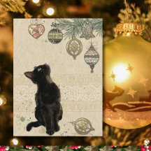 Vintage Kerstmis Black Cat kijkt naar sieraden