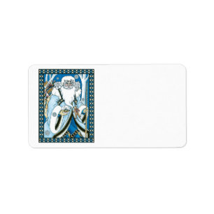 Vintage Kerstmis, blauwe kerstman met Snowglobe Etiket