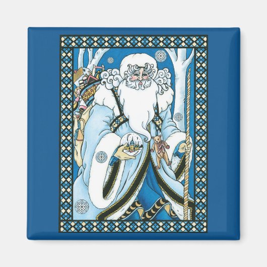 Vintage Kerstmis, blauwe kerstman met Snowglobe Magneet (Voorkant)