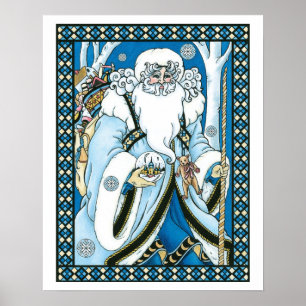 Vintage Kerstmis, blauwe kerstman met Snowglobe Poster