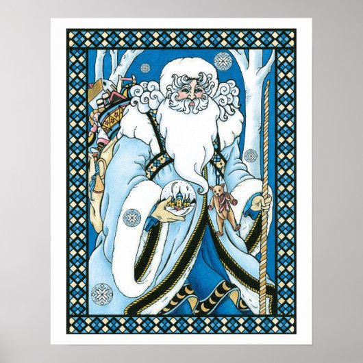 Vintage Kerstmis, blauwe kerstman met Snowglobe Poster (Voorkant)