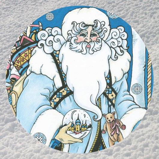 Vintage Kerstmis, blauwe kerstman met Snowglobe Ronde Sticker