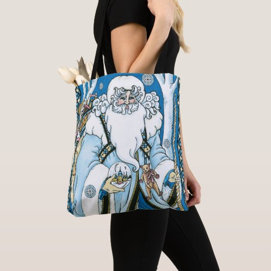Vintage Kerstmis, blauwe kerstman met Snowglobe Tote Bag (Dichtbij)