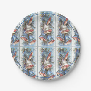 Vintage Kerstmis Blauwe Zilveren Klokken Papieren Bordje