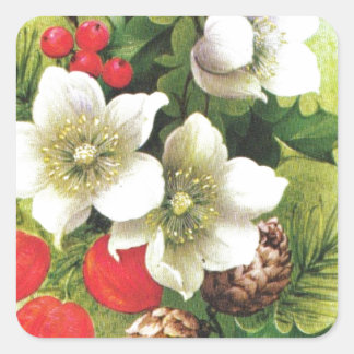 Vintage Kerstmis, Bloemen en bessen Vierkante Sticker