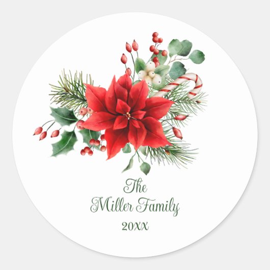 Vintage Kerstmis Bloemen gepersonaliseerd Ronde Sticker (Voorkant)