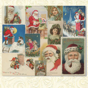 Vintage Kerstmis Briefkaarten Santa Claus Girl Kat Cadeaupapier