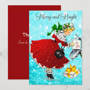 Vintage Kerstmis brievenbus rood glitter meisje Bedankkaart