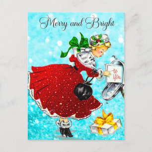 Vintage Kerstmis brievenbus rood glitter meisje Briefkaart