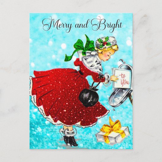 Vintage Kerstmis brievenbus rood glitter meisje Briefkaart (Voorkant)