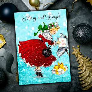Vintage Kerstmis brievenbus rood glitter meisje Feestdagenkaart