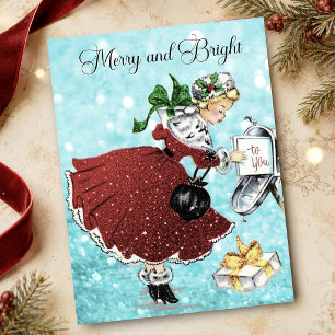 Vintage Kerstmis brievenbus rood glitters meisje Magneet