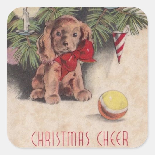 Vintage Kerstmis Cheer Puppy Vierkante Sticker (Voorkant)