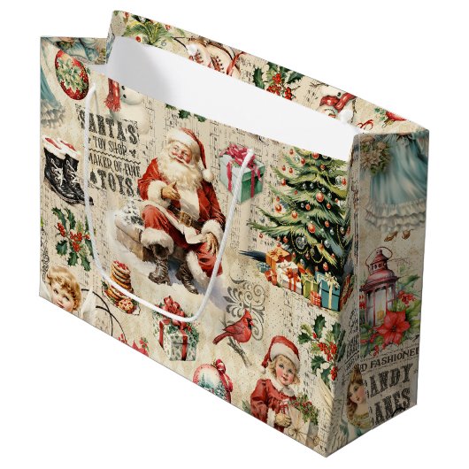 Vintage Kerstmis Collage Decoupage Groot Cadeauzakje (Voorkant Gekanteld)