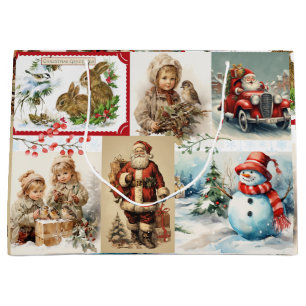 Vintage Kerstmis Collage met Kerstman en kinderen Groot Cadeauzakje