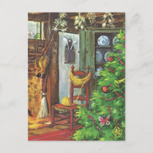 Vintage Kerstmis, Cozy Log Cabin met Fireplace Feestdagenkaart