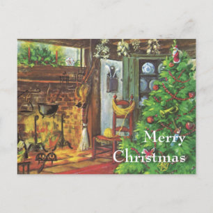 Vintage Kerstmis, Cozy Log Cabin met Fireplace Feestdagenkaart
