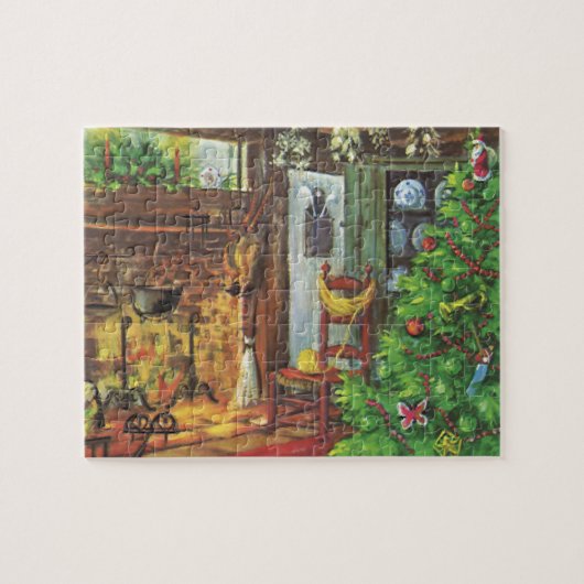 Vintage Kerstmis, Cozy Log Cabin met Fireplace Legpuzzel (Horizontaal)