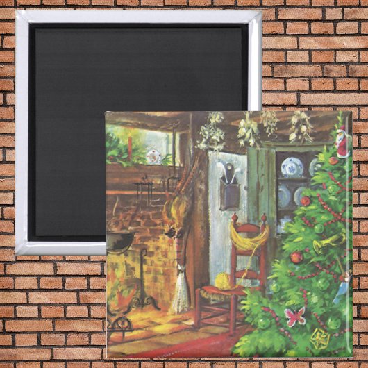 Vintage Kerstmis, Cozy Log Cabin met Fireplace Magneet