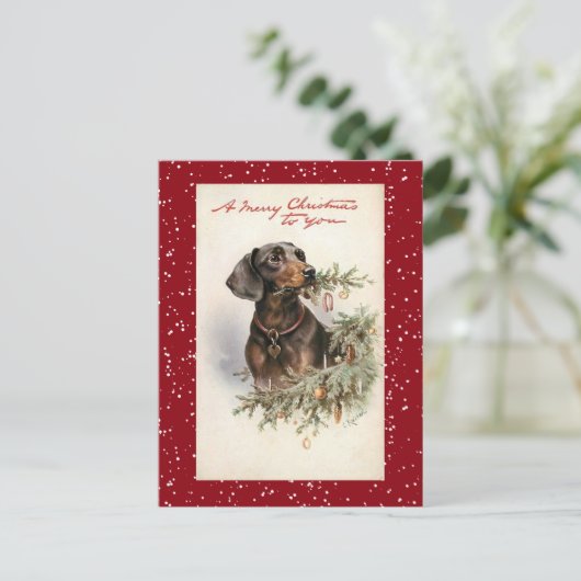 Vintage Kerstmis Dachshund Dog Feestdagenkaart (Staand voorkant)