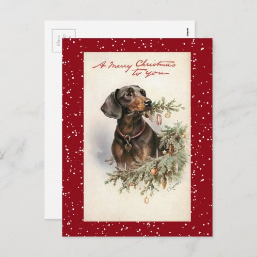 Vintage Kerstmis Dachshund Dog Feestdagenkaart (Voorkant / Achterkant)