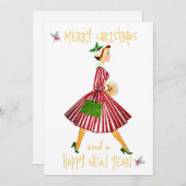 Vintage Kerstmis dame Vrolijke Kerstmis groet Feestdagenkaart (Voorkant / Achterkant)