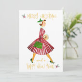 Vintage Kerstmis dame Vrolijke Kerstmis groet Feestdagenkaart (Staand voorkant)
