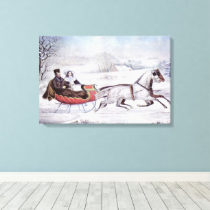Vintage Kerstmis, de winter op de weg, slee paarde Canvas Afdruk