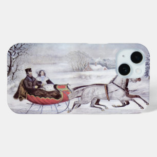 Vintage Kerstmis, de winter op de weg, slee paarde iPhone 15 Case