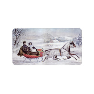 Vintage Kerstmis, de winter op de weg, slee paarde Etiket