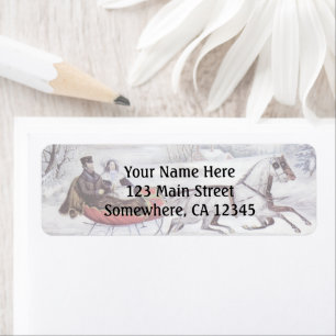 Vintage Kerstmis, de winter op de weg, slee paarde Etiket