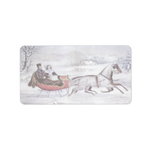 Vintage Kerstmis, de winter op de weg, slee paarde Etiket