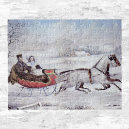Vintage Kerstmis, de winter op de weg, slee paarde Legpuzzel