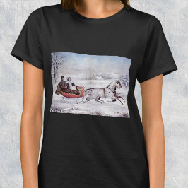 Vintage Kerstmis, de winter op de weg, slee paarde T-shirt