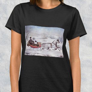 Vintage Kerstmis, de winter op de weg, slee paarde T-shirt
