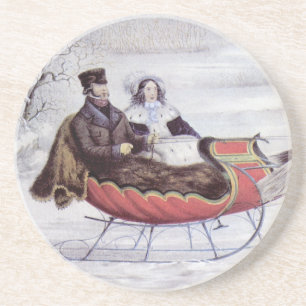 Vintage Kerstmis, de winter op de weg, slee paarde Zandsteen Onderzetter