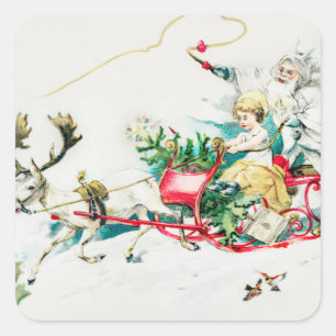 Vintage Kerstmis Deer Cart Painting Holiday Vierkante Sticker
