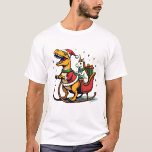 Vintage Kerstmis Dinosaurus Eenhoorn Sleigh Grappi T-shirt