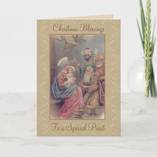 Vintage Kerstmis Driekoningen Priester Feestdagen Kaart (Voorkant)