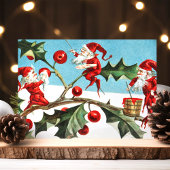 Vintage Kerstmis Elves Holly Holiday Briefkaart