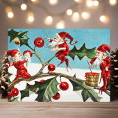 Vintage Kerstmis Elves Holly Holiday Briefkaart